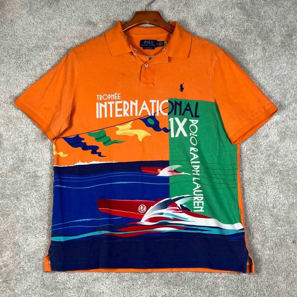 Polo Ralph Lauren Polo Shirt Mens Large Orange Trophée International Graphic